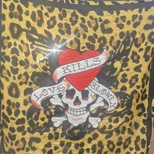 Ed Hardy Leopard Print Scarf with Red Heart and Skull